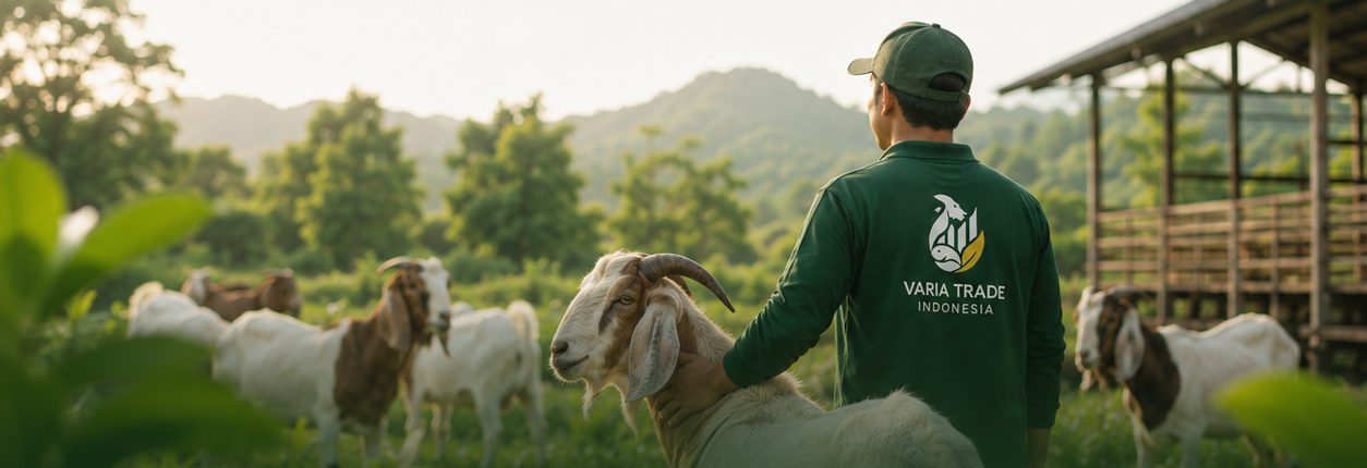 Petugas Varia Trade Indonesia merawat kambing di area peternakan